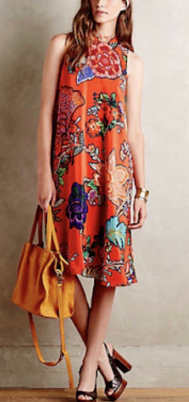 Anthropologie Maeve S Larkhill Silk Swing Dress Pockets Orange Blue Purple